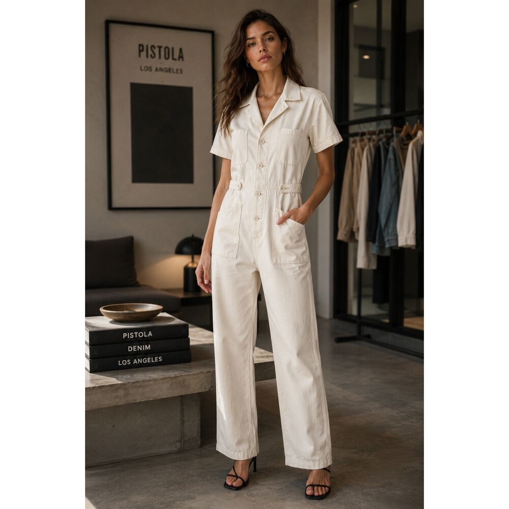 PISTOLA Women's Jumpsuit SMALL Ivory Short Sleeve Button Front P1950SOL-ATW